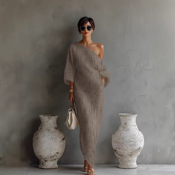 Women's Maxi Dress Off Shoulder Lantern Sleeve Linen Blend Loose