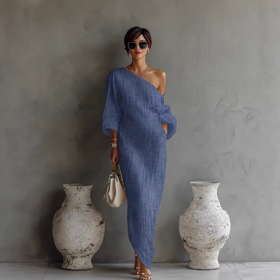 Women's Maxi Dress Off Shoulder Lantern Sleeve Linen Blend Loose
