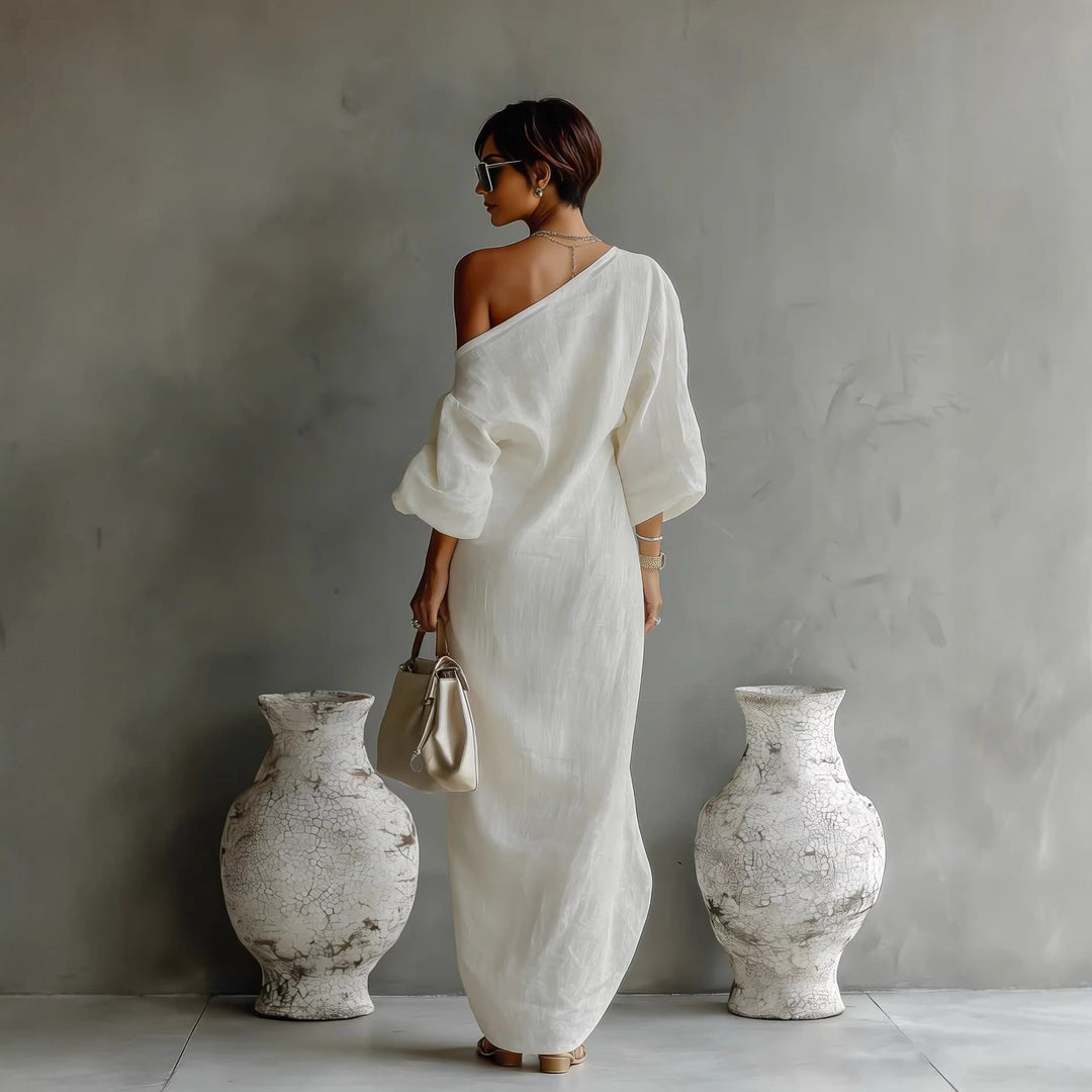 Women's Maxi Dress Off Shoulder Lantern Sleeve Linen Blend Loose