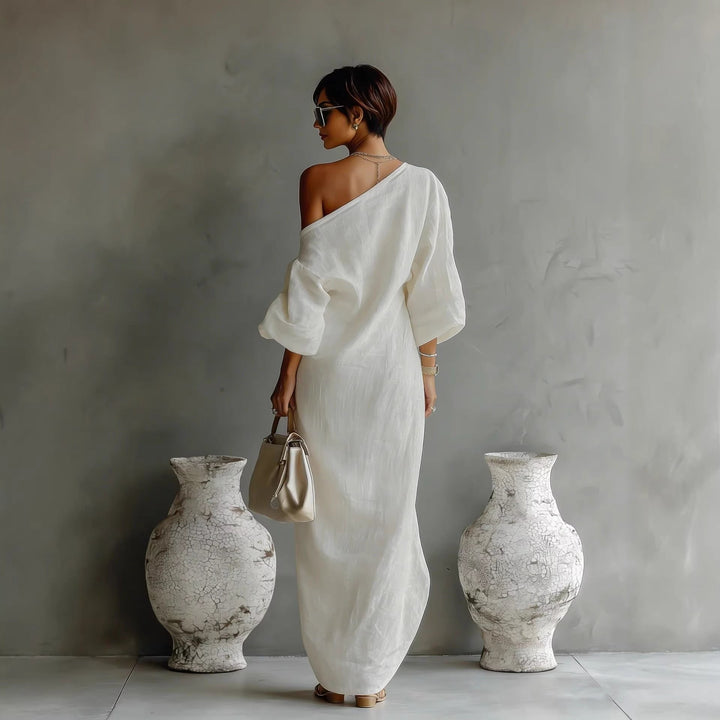 Women's Maxi Dress Off Shoulder Lantern Sleeve Linen Blend Loose