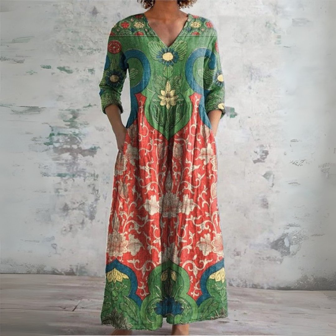 Women's Boho Linen V-Neck Ethnic Floral Long-Sleeve Maxi Dress