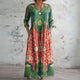 Women's Boho Linen V-Neck Ethnic Floral Long-Sleeve Maxi Dress
