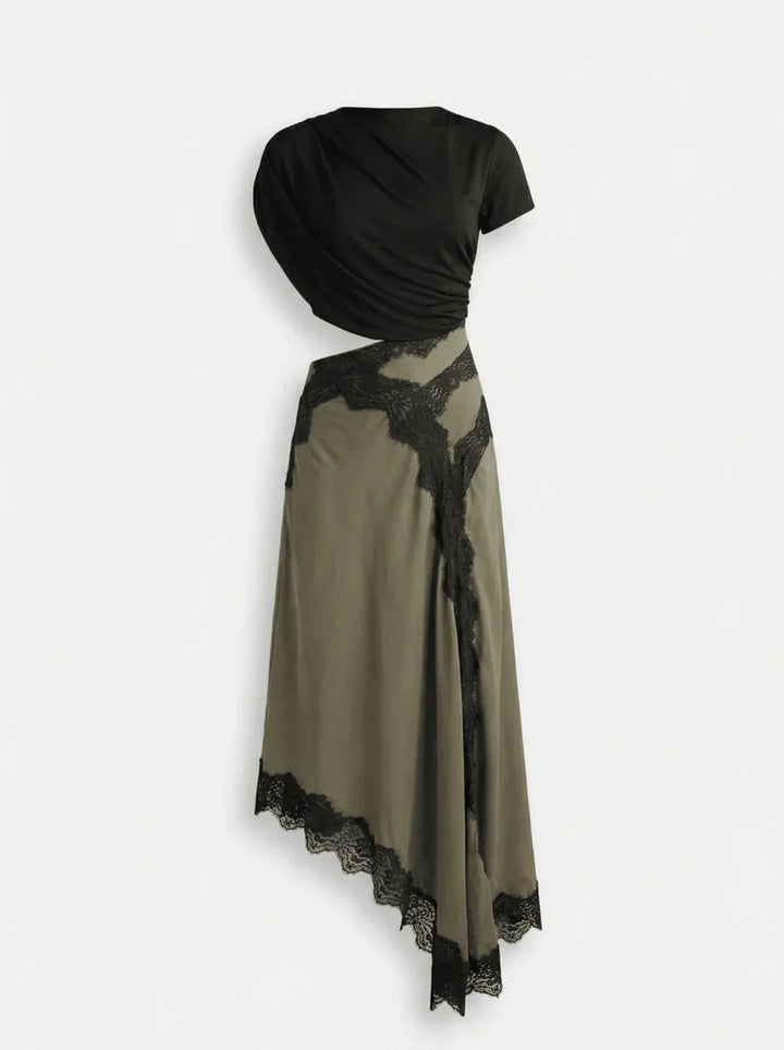 Women's Black Asymmetric Top and Lace Maxi Skirt Set