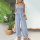 Women's Denim Jumpsuit V-Neck Spaghetti Strap Wide Leg Romper