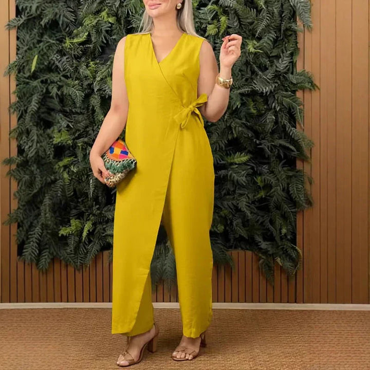 Women's Wrap V-Neck Sleeveless Wide Leg Jumpsuit Belted