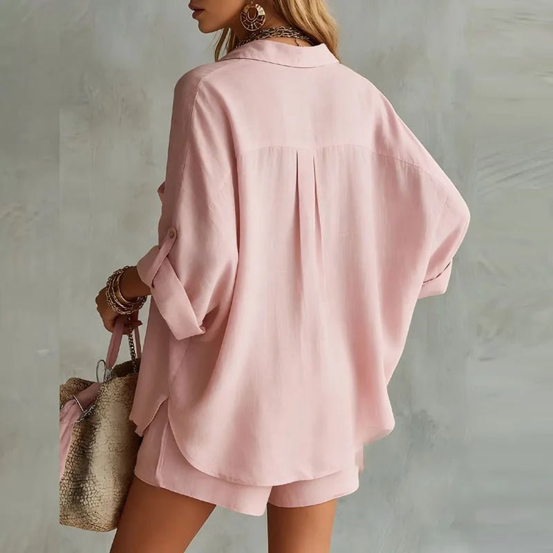 Women's Two Piece Linen Set Button Down Shirt Elastic Waist Shorts
