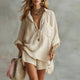 Women's Two Piece Linen Set Button Down Shirt Elastic Waist Shorts