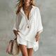 Women's Two Piece Linen Set Button Down Shirt Elastic Waist Shorts