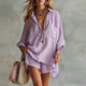 Women's Two Piece Linen Set Button Down Shirt Elastic Waist Shorts