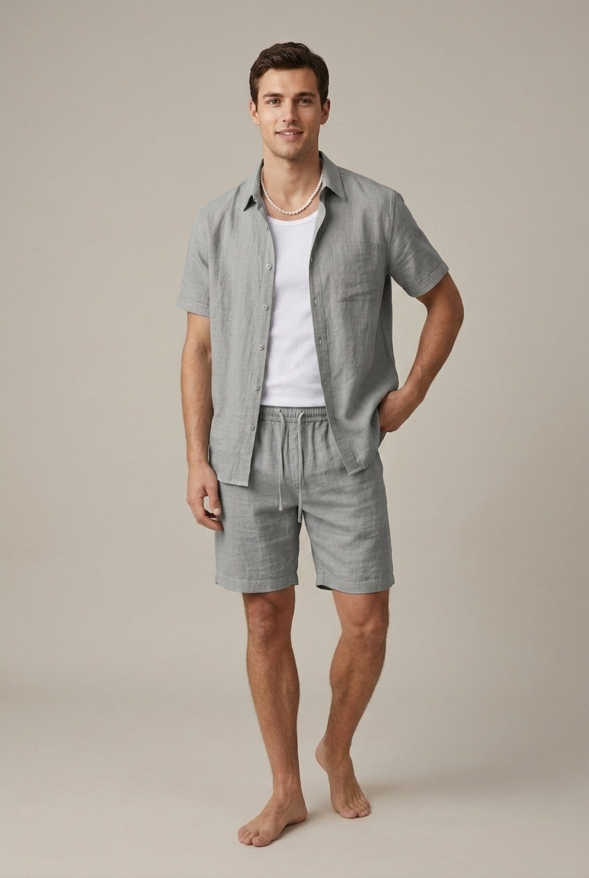 Men's Short Sleeve Linen Blend Shirt - Drawstring Shorts Two-Piece Set