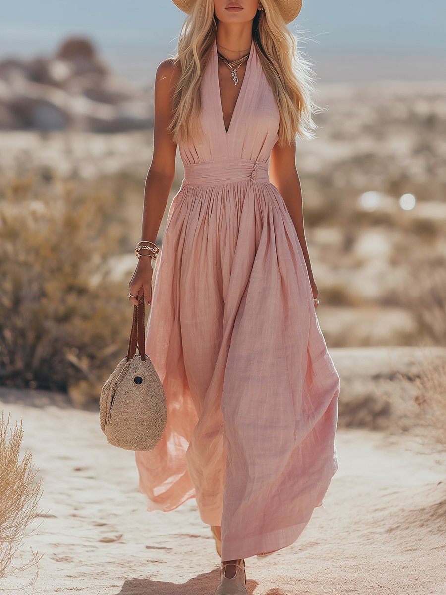 Women's Boho Cotton-Linen Halter Maxi Dress