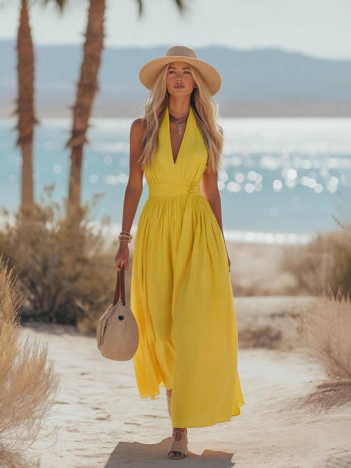 Women's Boho Cotton-Linen Halter Maxi Dress