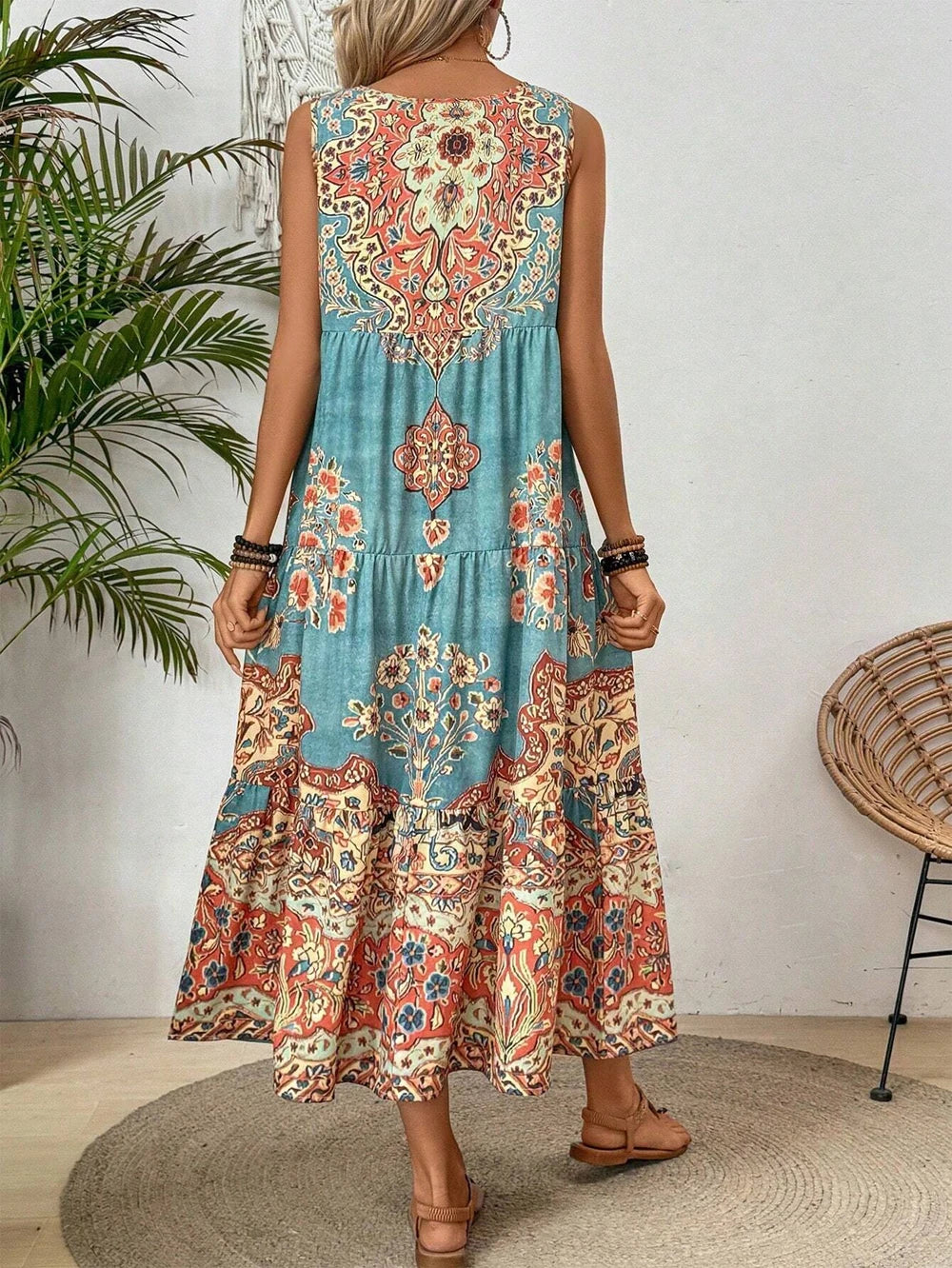 Women's Boho Paisley Floral Midi Dress – Sleeveless Tiered Summer Vacation