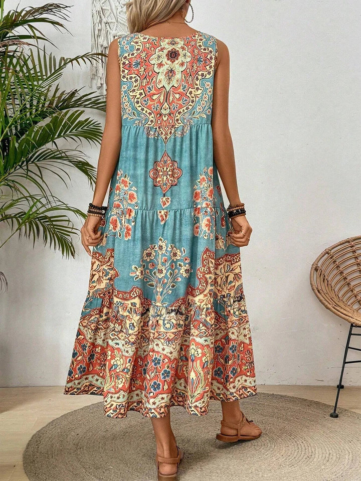 Women's Boho Paisley Floral Midi Dress – Sleeveless Tiered Summer Vacation