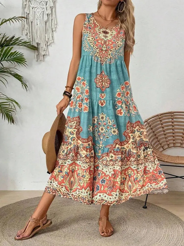 Women's Boho Paisley Floral Midi Dress – Sleeveless Tiered Summer Vacation