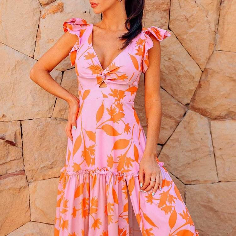 Women's Floral Maxi Dress – Ruffle Shoulder Tiered Skirt High Slit Summer