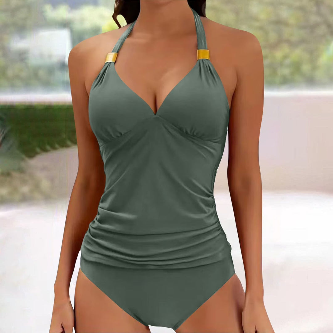 Women's Halter Tankini – V-Neck Ruched Two Piece Swimsuit Beach Swimwear