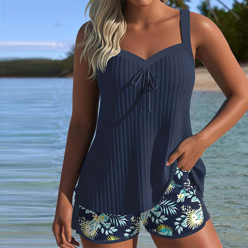 Women's Striped Ribbed Tankini Two-Piece Set with Beach Shorts