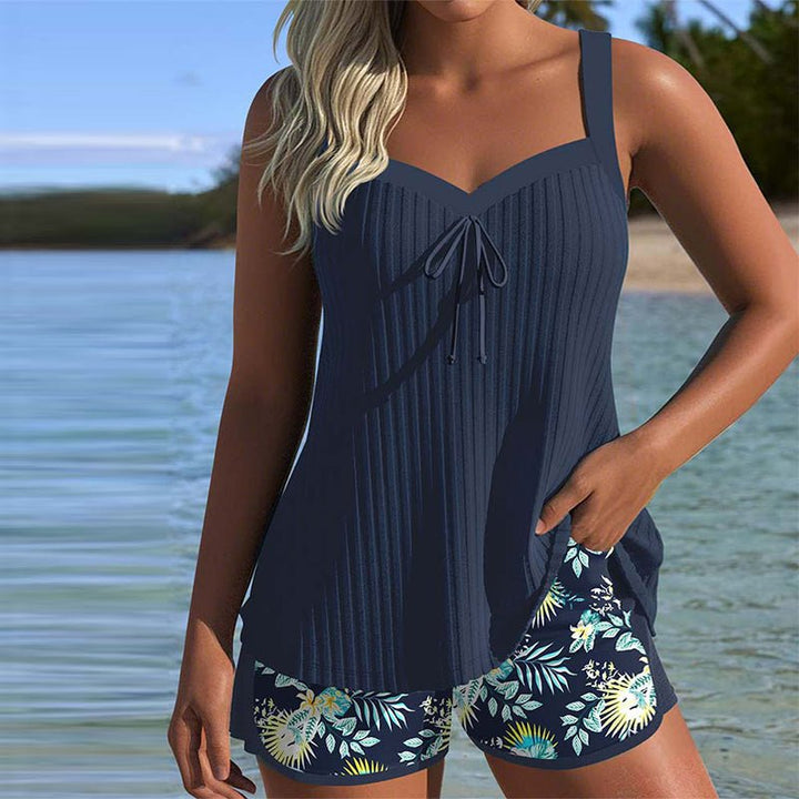 Women's Striped Ribbed Tankini Two-Piece Set with Beach Shorts