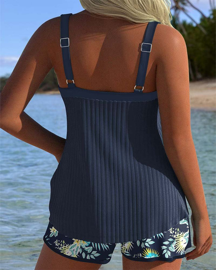 Women's Striped Ribbed Tankini Two-Piece Set with Beach Shorts