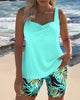 Women's Tummy Control Ribbed Tankini with Tropical Print Shorts