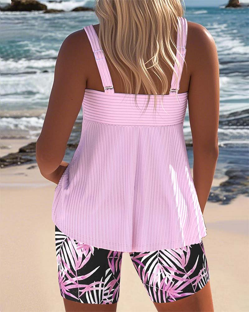 Women's Tummy Control Ribbed Tankini with Tropical Print Shorts
